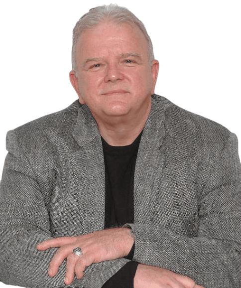 Portrait of Texas poet Terry Jude Miller wearing a black shirt and gray suit jacket.